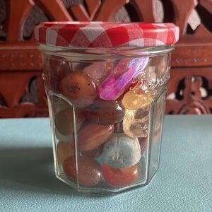 Jar of various crystals & gems.